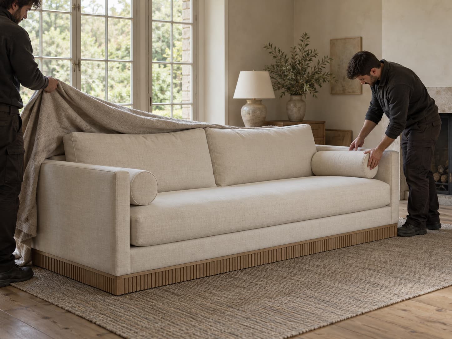 Two delivery specialists unwrapping a linen sofa and placing its bolsters in a sunlit living room