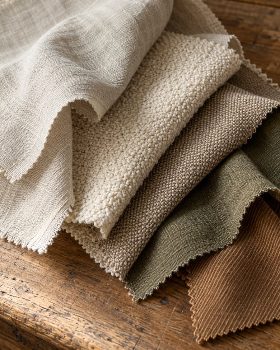 Swatches of linen, textured cream, oat and moss weaves and clay twill on an old oak table