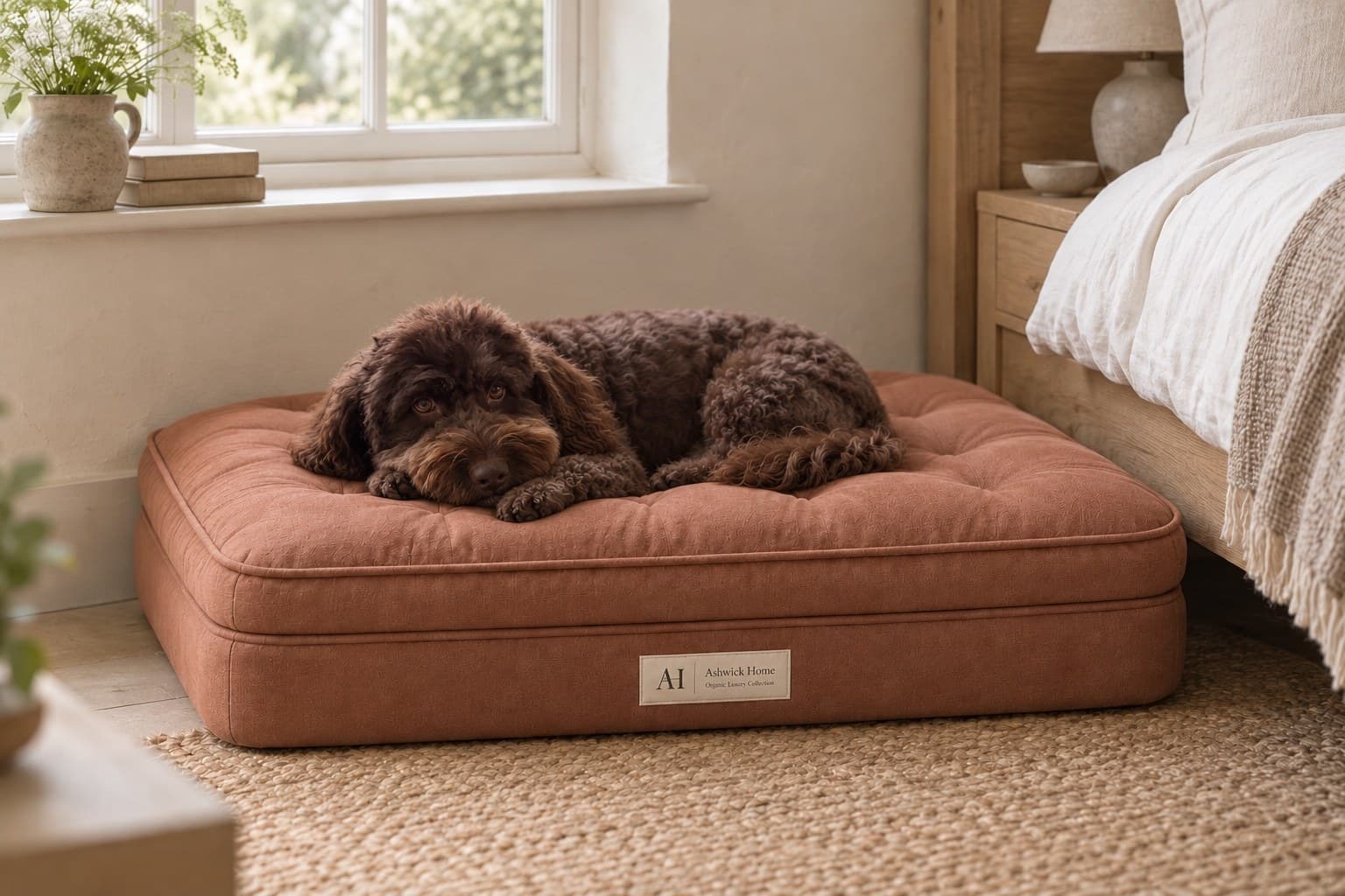 A chocolate doodle curled up on the Ashbury Dog Bed in Sorrel beside a bed