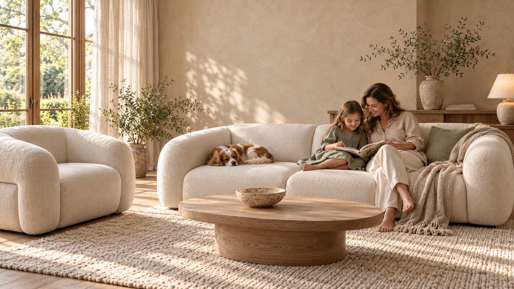 A mother and daughter reading on the Cotswold sofa beside the Cotswold chair, a spaniel asleep beside them, in a sunlit living room