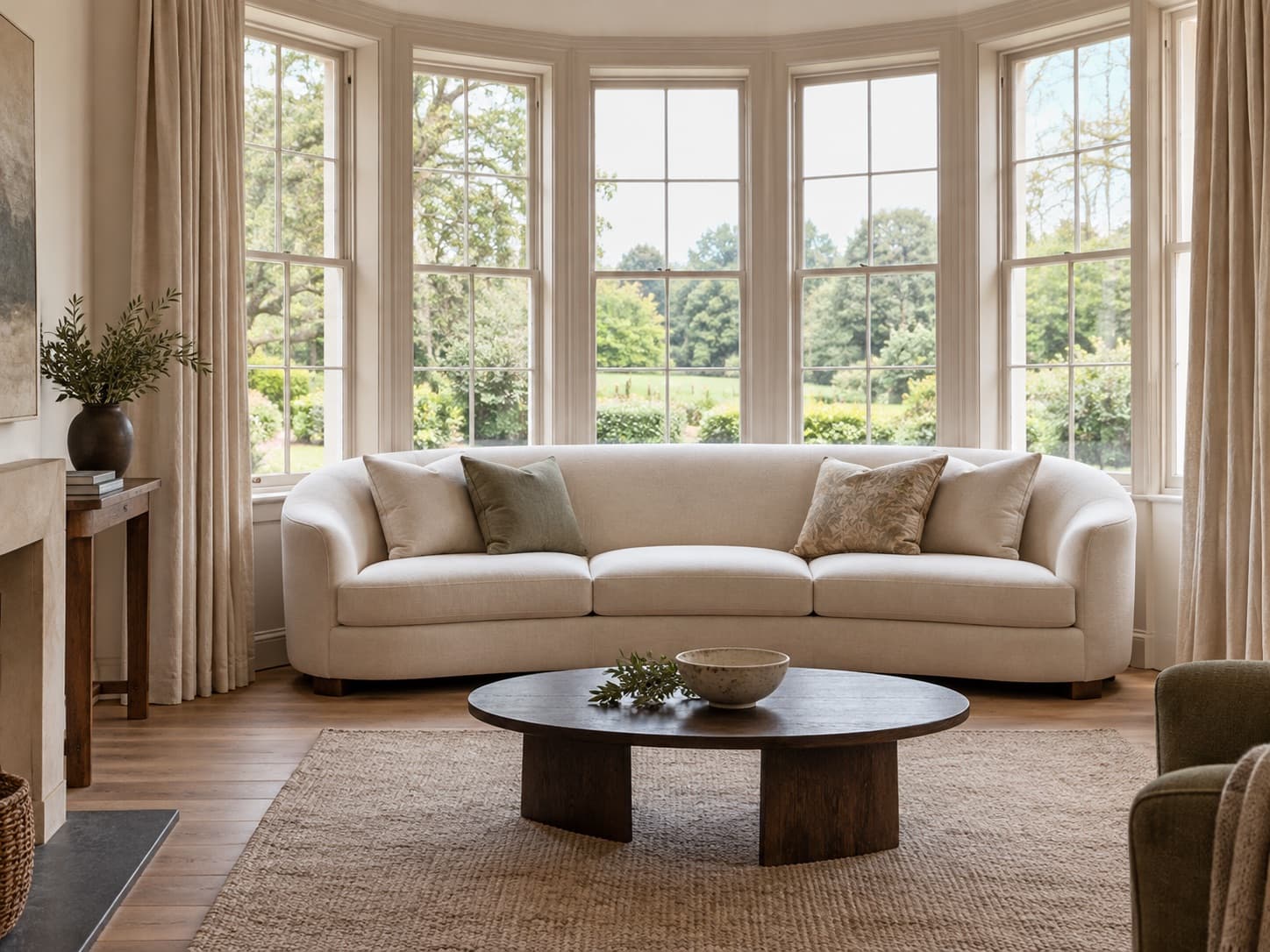 A curved cream sofa following the line of a bay window, a round oak table in front