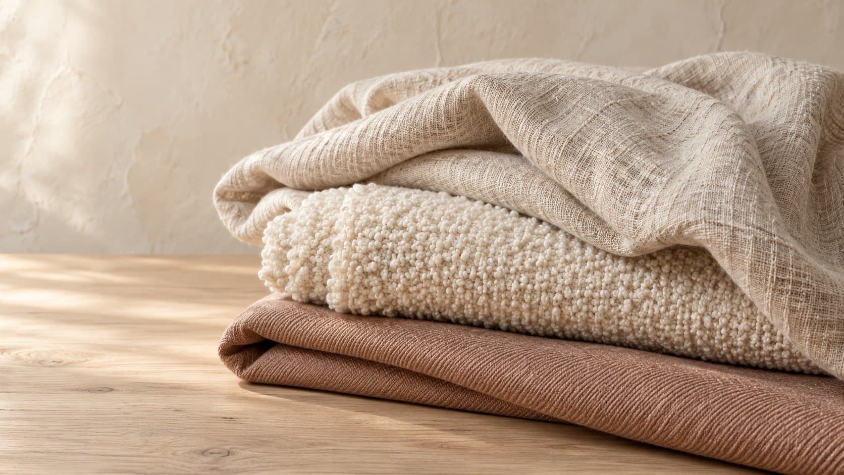 A stack of folded linen, textured cream weave and Sorrel cotton twill on an oak table