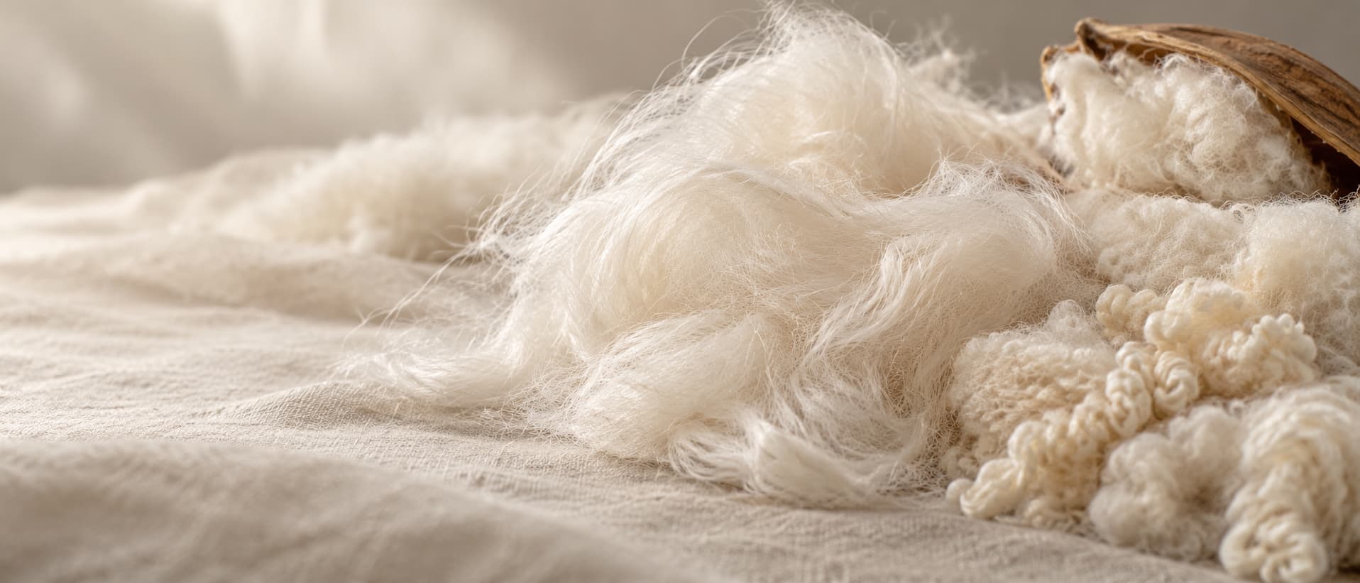Soft natural fiber and curled cream wool spilling across linen beside an open seed pod