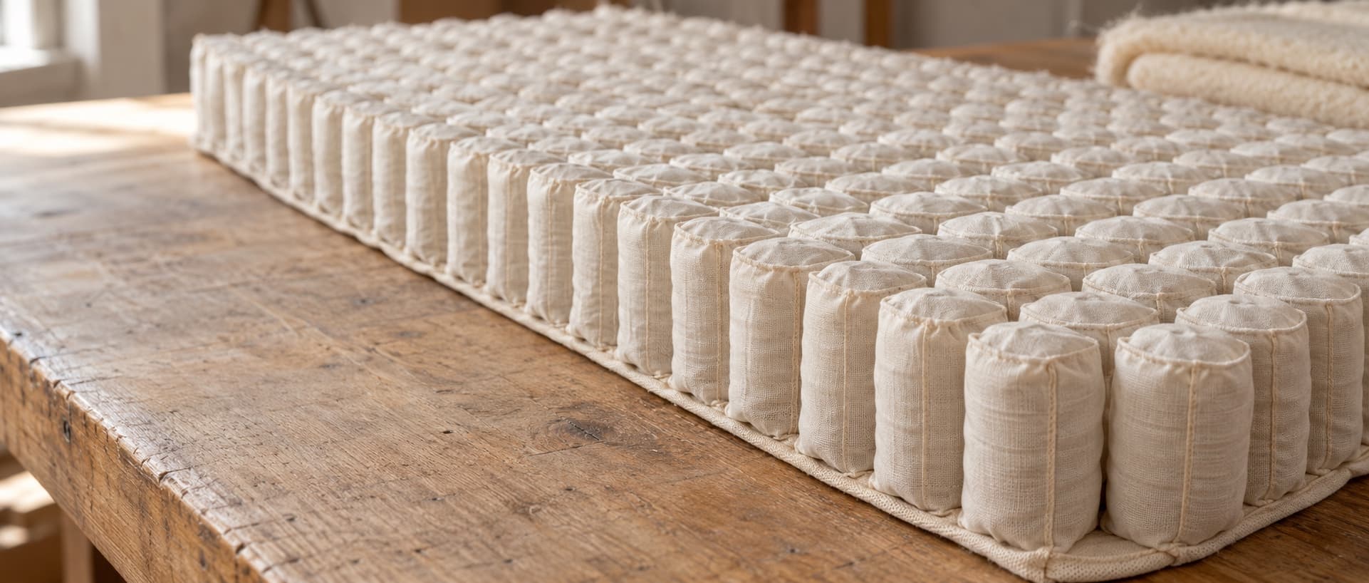 Rows of cotton-wrapped pocket coils on an oak workbench beside folded wool