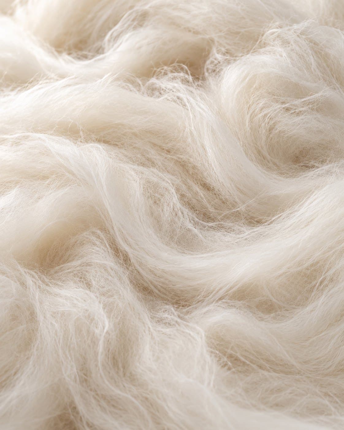 Close-up of long, silky cream cashmere fiber