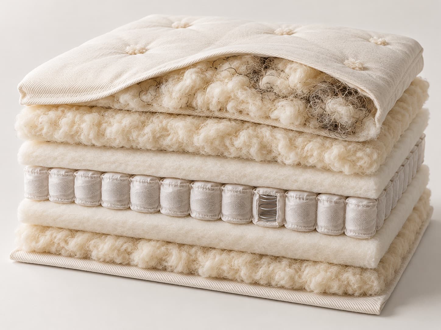 The Ashbury's layers stacked: the tufted topper folded back over wool and horsehair, then wool, pocket coils, wool and the cotton twill base