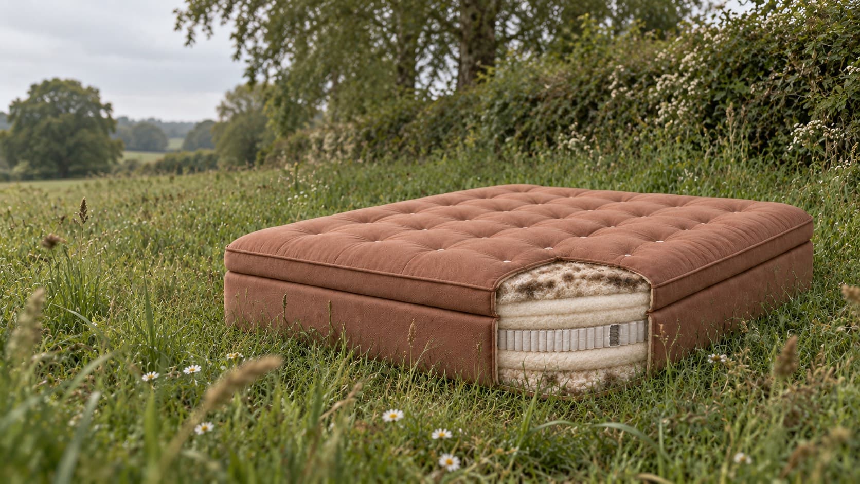 A cutaway of the Ashbury in Sorrel in a meadow, showing the wool, horsehair and pocket coils inside