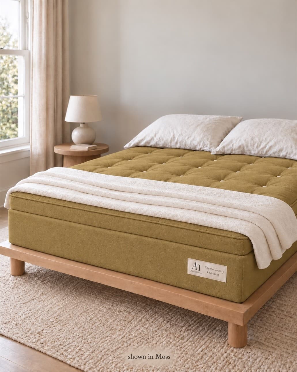 The Ashbury in Moss, shown in a sunlit bedroom.