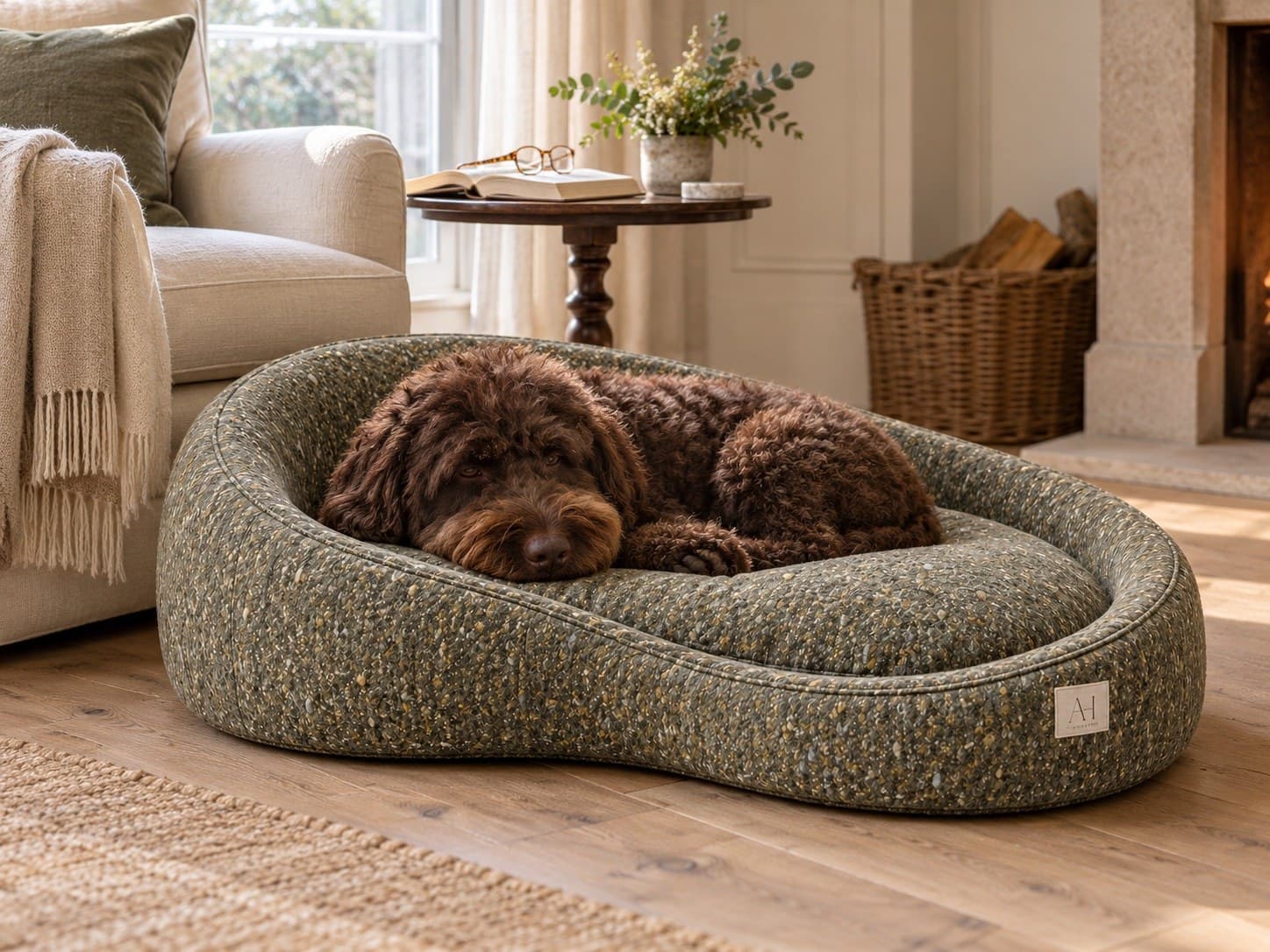 A chocolate doodle curled up in the Nook Dog Bed in Olive by the fire