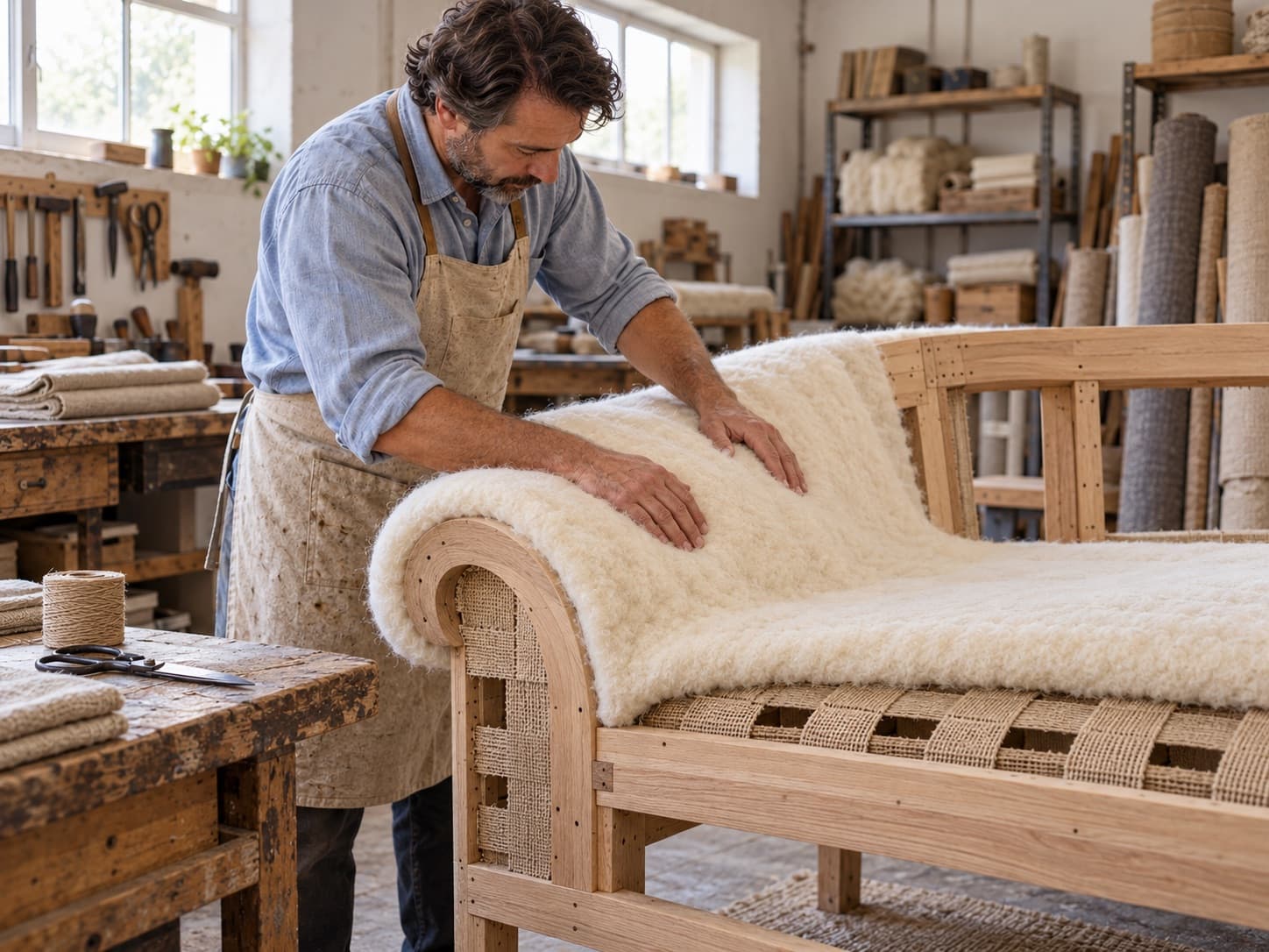 An upholsterer laying wool over a solid hardwood sofa frame in the workshop